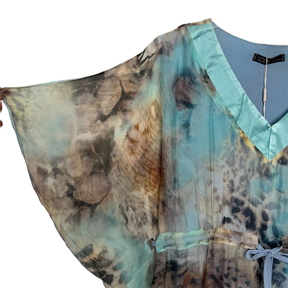 NWT LOLA V-Neck Aqua Drawstring Silk Animal Print Flowy Tunic Blouse S - Picture 4 of 8